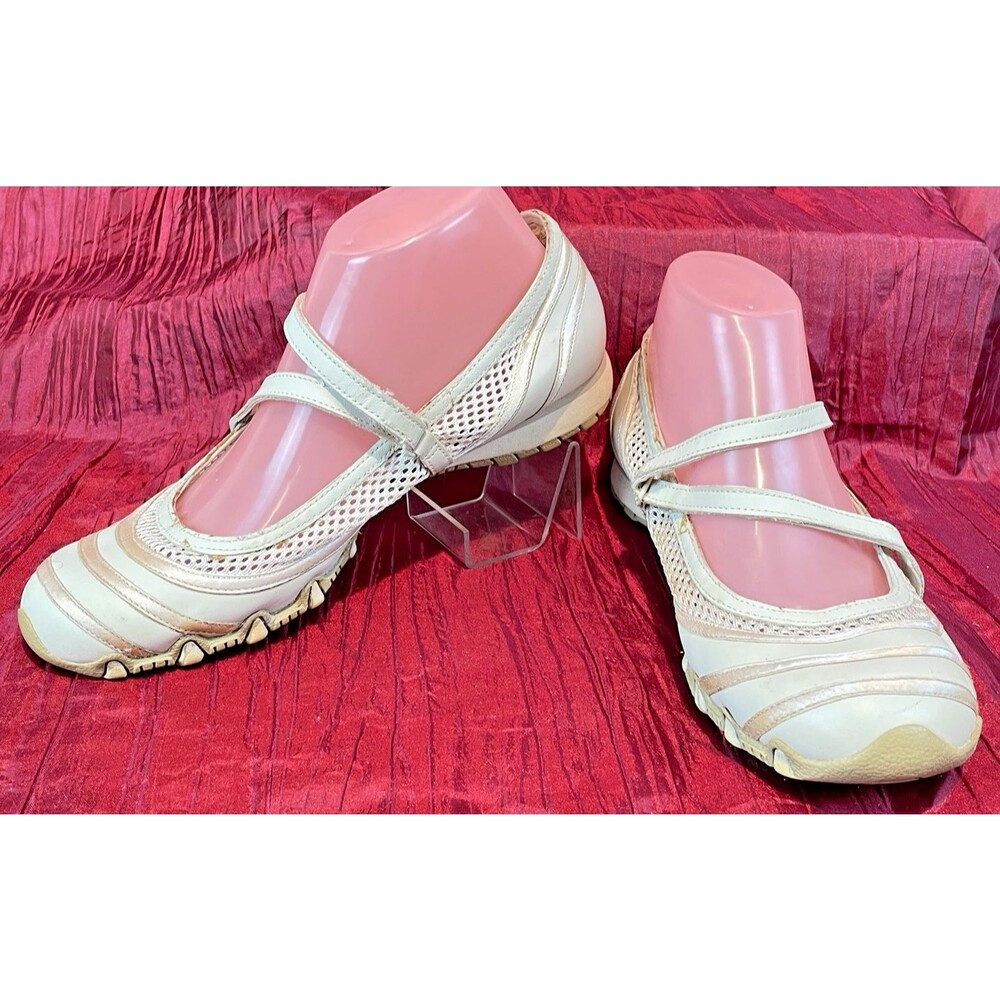 Womens Skechers Gray Leather/Mesh Slip On Mary Jane Strap Flats Shoes sz 9